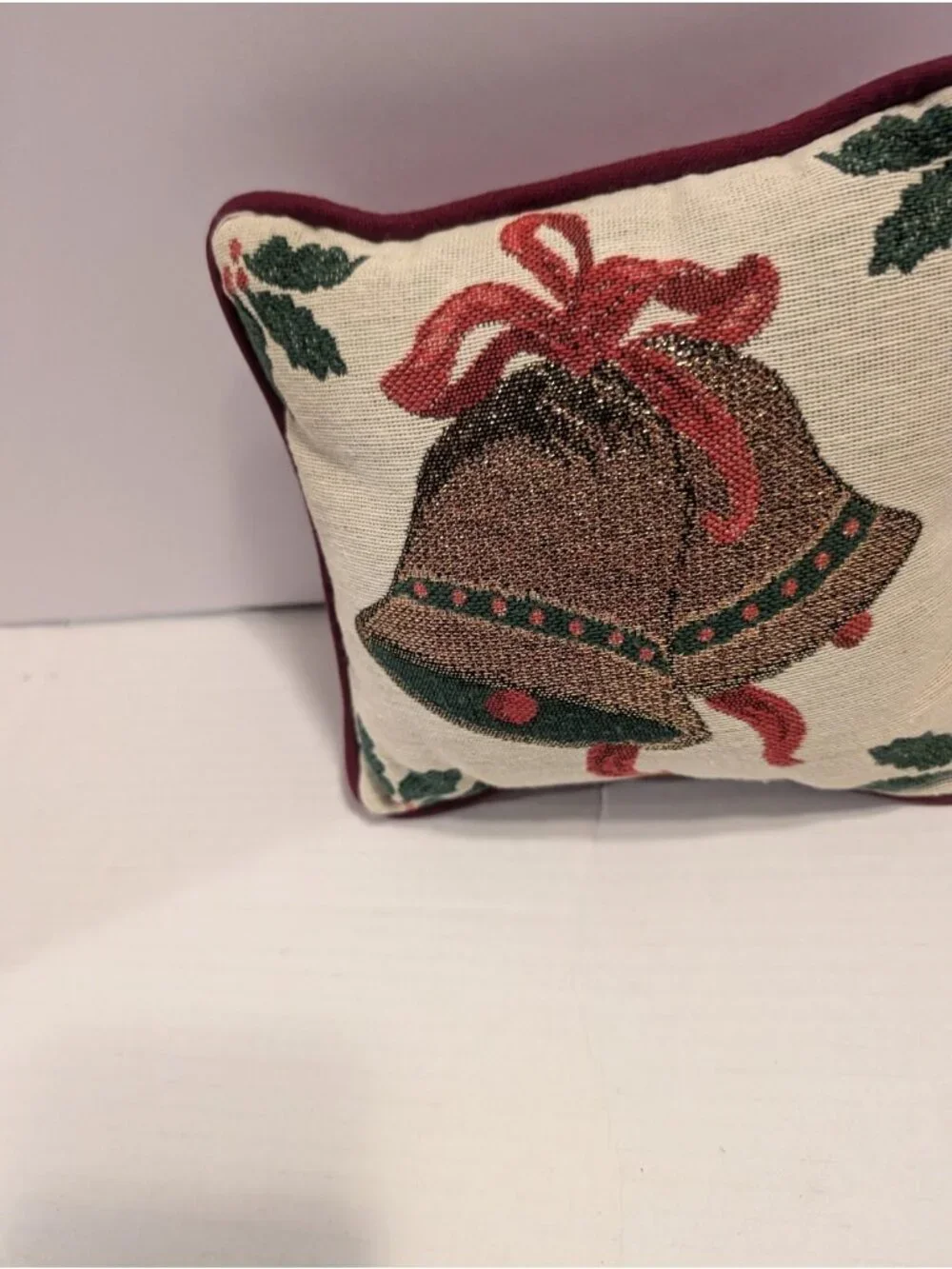 Decorative Christmas Pillow With Bells & Holly Riverdale Burgundy Backing 9